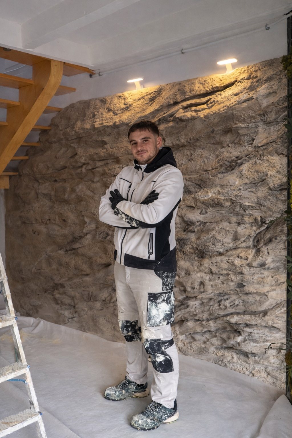 Artisan IMULTEZA devant une paroi rocheuse sculptée dans un intérieur